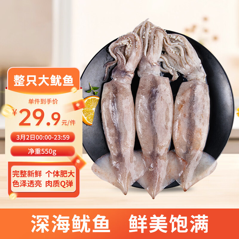 美加佳 鲜冻整只大鱿鱼（2-3只） 净重550g 整条鱿鱼 深海捕捞 年货聚餐