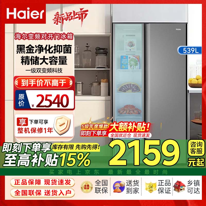 海尔（Haier）家电大容量囤货双开门冰箱539升电冰箱一级变频超薄家用风冷无霜 BCD-539WGHSSEDH9 铂岩灰对开门