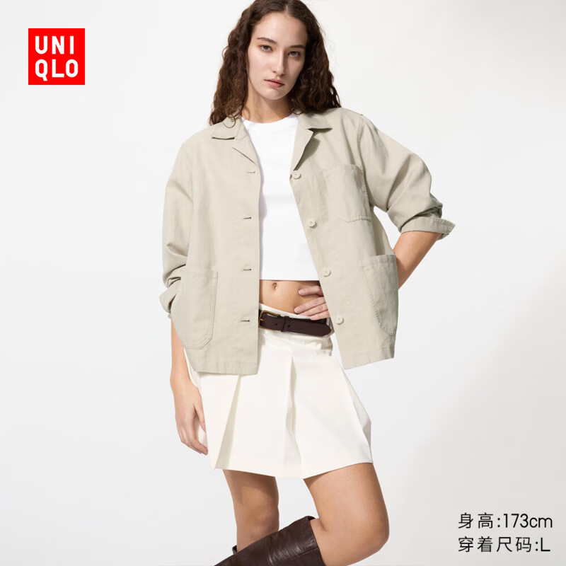 优衣库女装棉麻工装茄克/外套夹克通勤休闲百搭482273 486048 482273/30浅米色 M