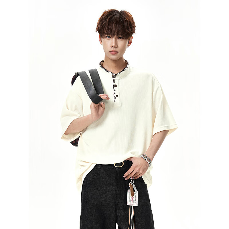 NEW OR MODE美式复古亨利领短袖t恤男夏季新款潮牌宽松设计感百搭正肩polo衫 杏色【高品质】 M 【建议90-110斤】