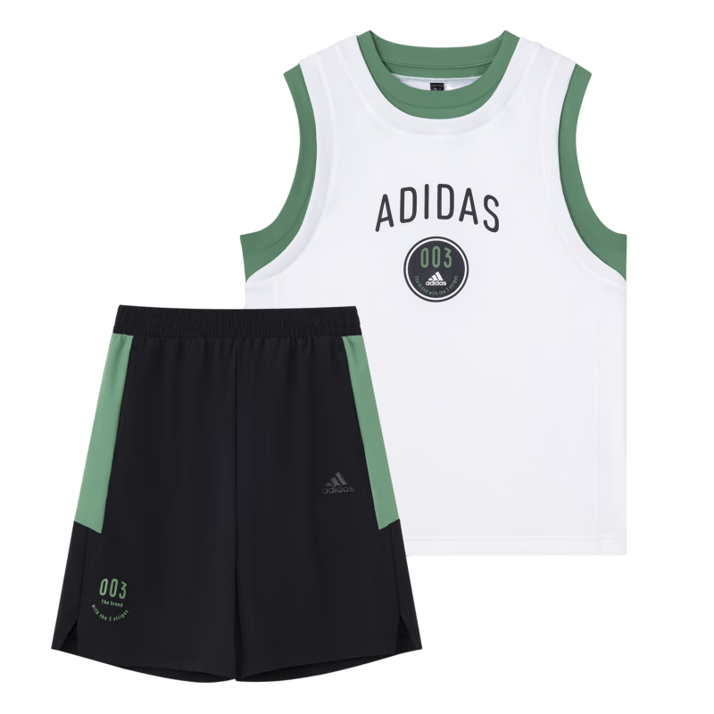 adidas休闲凉感圆领短袖套装男大童夏季阿迪达斯官方轻运动   白/黑色   140