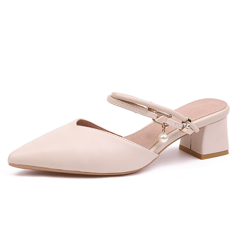 女夏包头中跟2026年夏季新款小码3233尖头法式粗跟 杏色 35