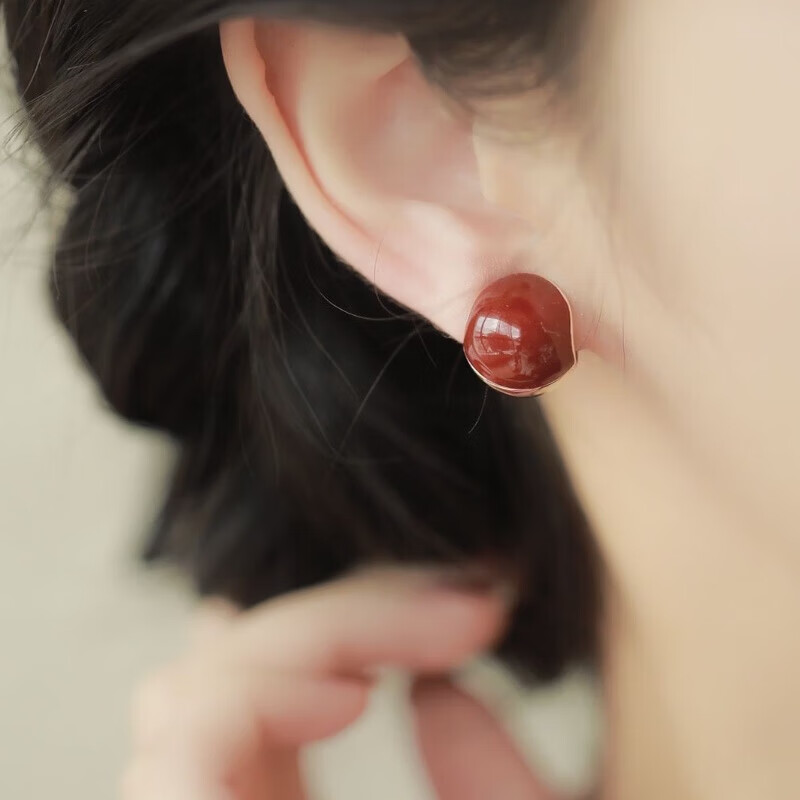 红朗姆酒酒红气质蚊香盘耳夹无耳洞女耳环复古过年耳饰过年 红色相思豆耳扣