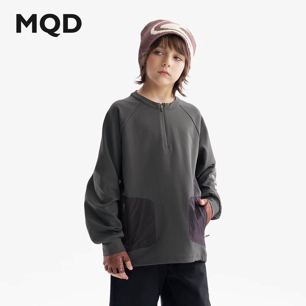 马骑顿MQD童装男童圆领卫衣秋季新款儿童户外骑行反光撞色宽松上衣 碳黑 130
