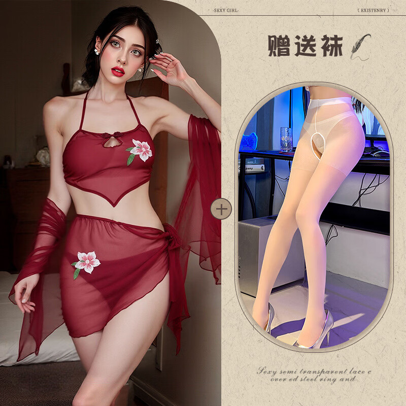 性感睡衣古风异域舞姬刺绣深V夫妻情趣激情战袍火辣视觉诱惑睡袍 红色 均码