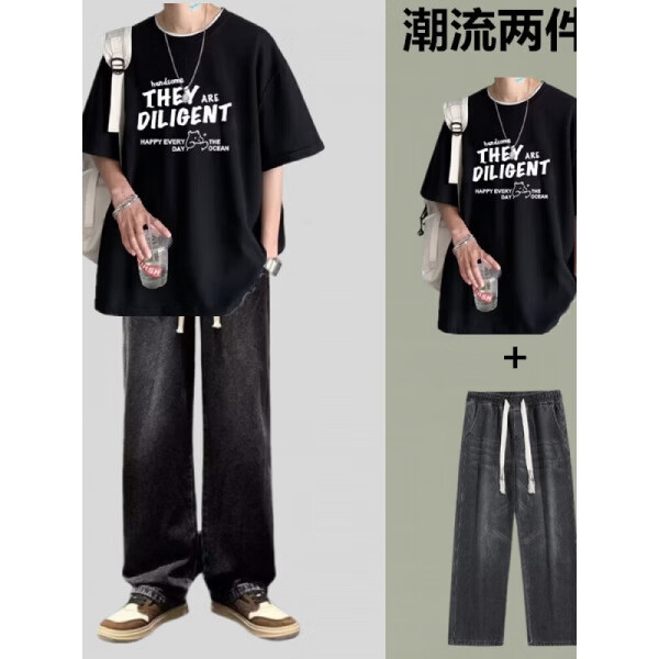 梵姿缇短袖t恤男士休闲套装夏季宽松衣服男装新款一整套痞帅休闲两件套  A06纯棉黑色T恤+J50牛仔裤 S
