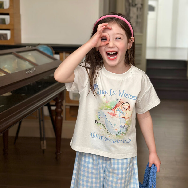 栀了成长记女童装甜美休闲短袖上衣2026春季儿童新款印花宽松T恤 白色 上衣 140 cm