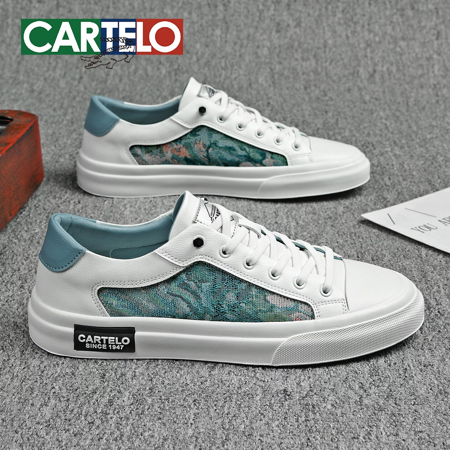 卡帝乐鳄鱼（CARTELO）时尚男鞋夏季潮流透气休闲板鞋男韩版上班学生户外一脚蹬运动鞋男 冰蓝色 44 (270mm) 标准运动鞋尺码