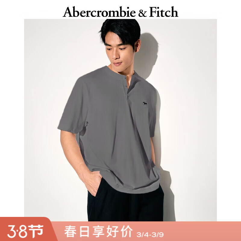 Abercrombie &amp; Fitch经典小麋鹿图案男装25夏季美式重磅宽松亨利领短袖T恤 深灰色 XL (180/116A)尺码偏大