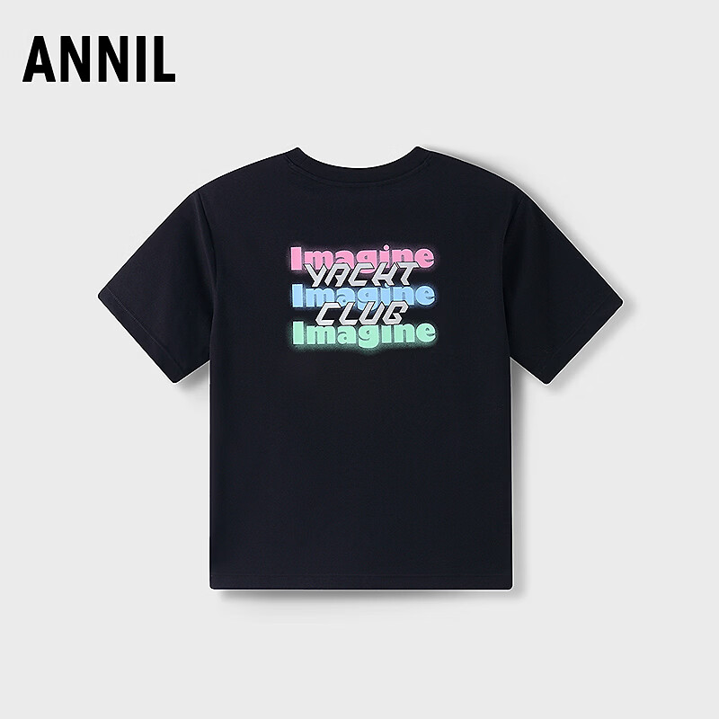 安奈儿（Annil）【瞬间凉感T恤】儿童夏款记忆棉清爽滑爽后背字母印花微宽松上衣 黑色 110
