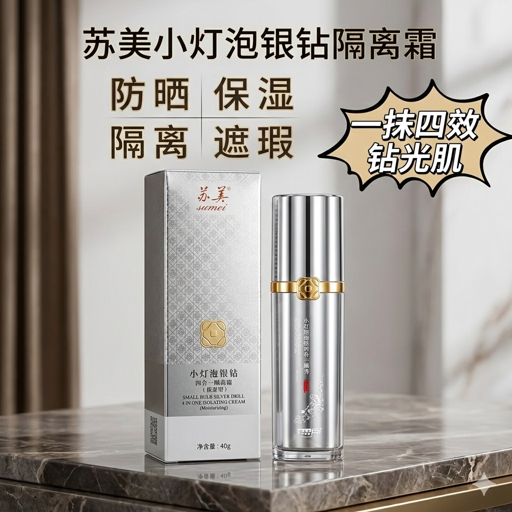 苏美(sumei)小灯泡银钻苏美领前基因四合一隔离霜防晒霜遮瑕滋润保湿提亮肤色 苏美小灯泡银钻四合一隔离霜 【苏美官方正品】