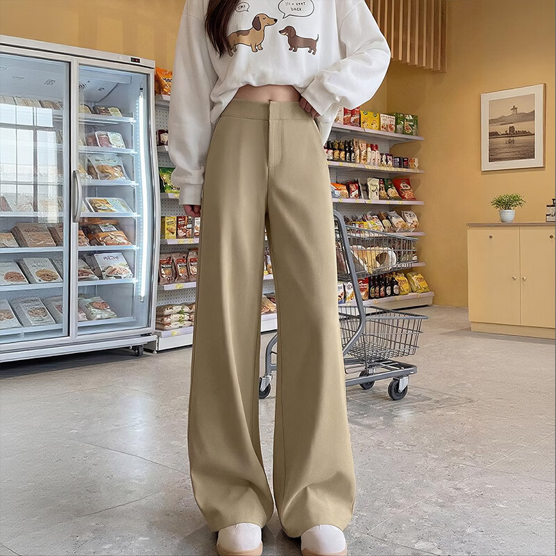 翊尚美卡其色休闲裤女春夏新款高级感垂感老钱风西装裤宽松直筒阔腿裤子 卡其色 【垂顺有型】 M 【 适合99-108斤】