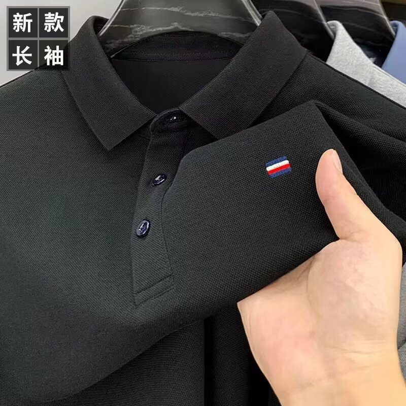 MDODC春秋男士长袖T恤2026新款中青年爸爸装翻领POLO衫打底衫上衣 浅灰 5XL (推荐175-190斤)