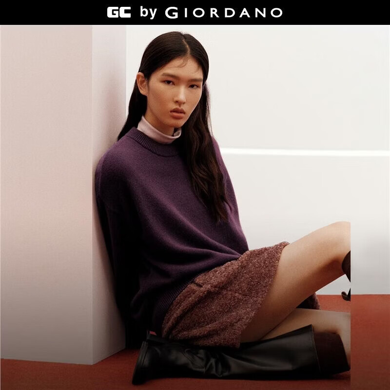 GIORDANO CONCEPTS 春季新款针织衫男女同款纯羊毛衫刺绣宽松圆领套头毛衣12055607