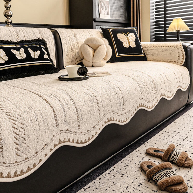 浪莎(LangSha)新款休闲轻奢半边绒沙发垫防尘防滑一片式直排沙发坐垫异形斑斓 异形斑斓-咖色 120cm*180cm 开叉贵妃