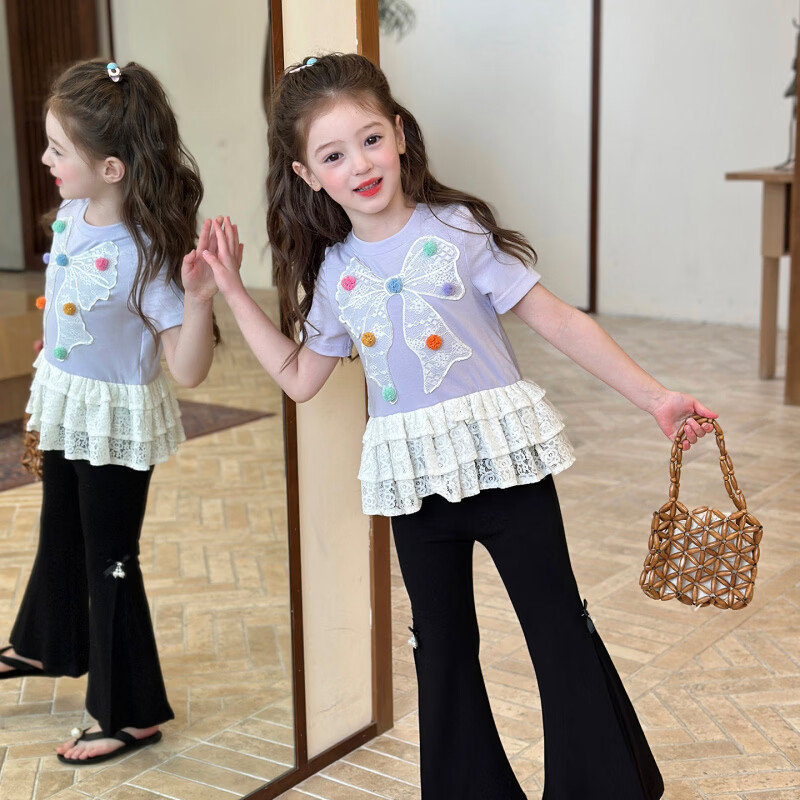栀了成长记童装女童蝴蝶结短袖上衣2026春季儿童蕾丝花边可爱T恤 黑色 裤子 110 cm