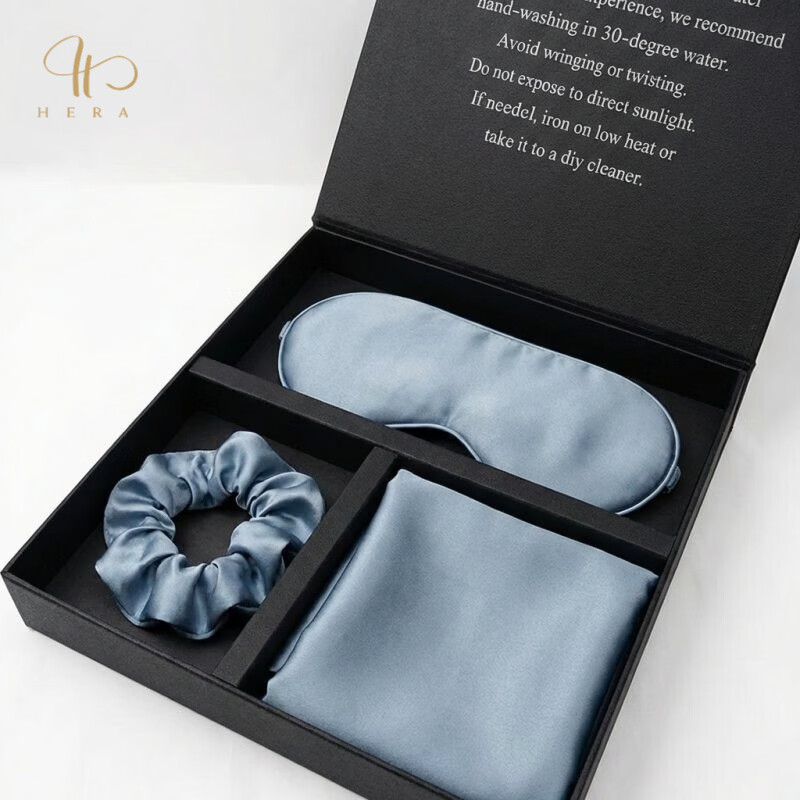 赫亚真丝礼盒套装桑蚕丝高端精致母亲节送礼妈妈女友商务领导老婆 礼盒装三件(银灰色) 枕套+眼罩+发圈