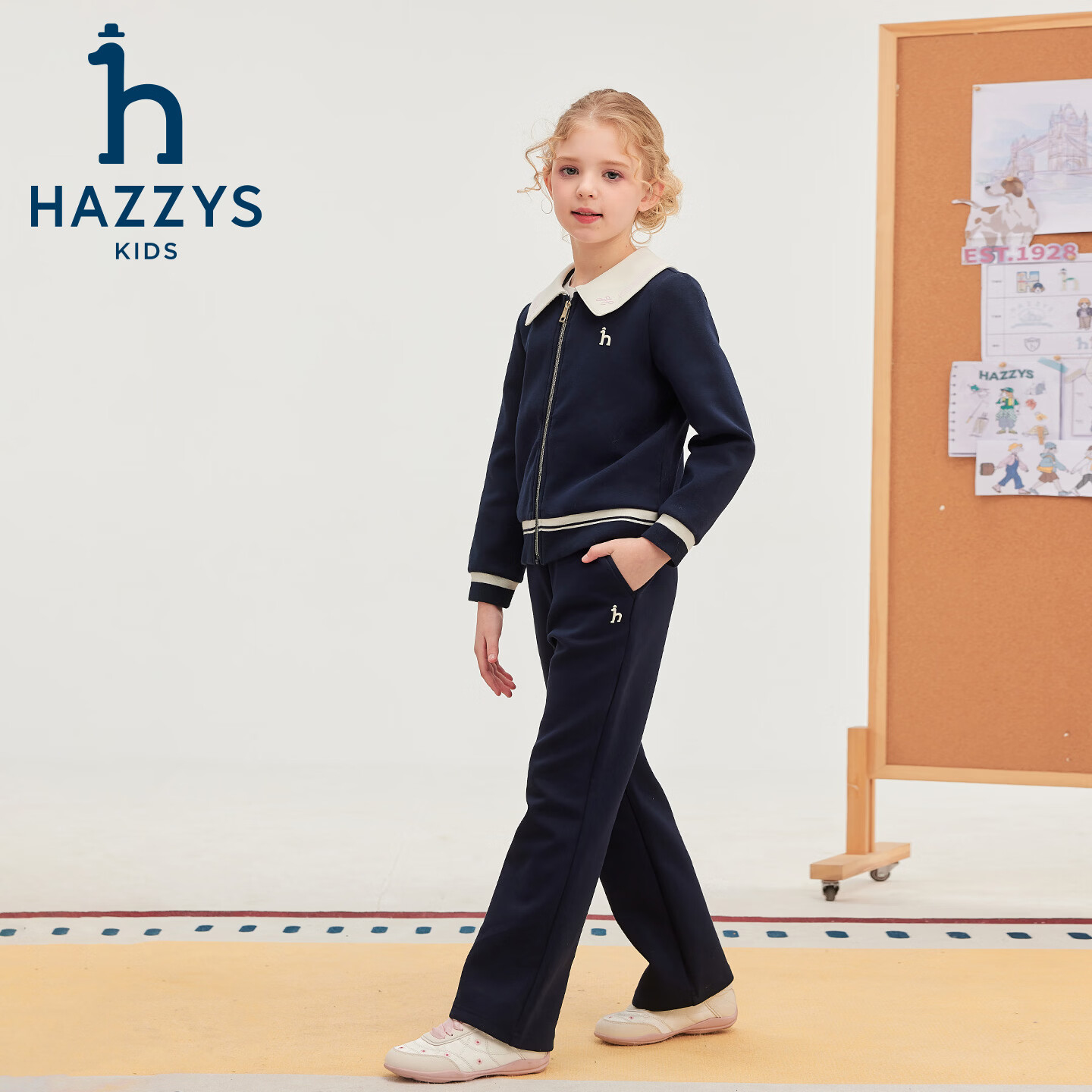 哈吉斯（HAZZYS）品牌女童套装2026春季新款莱卡舒适长袖两件套 藏蓝 130