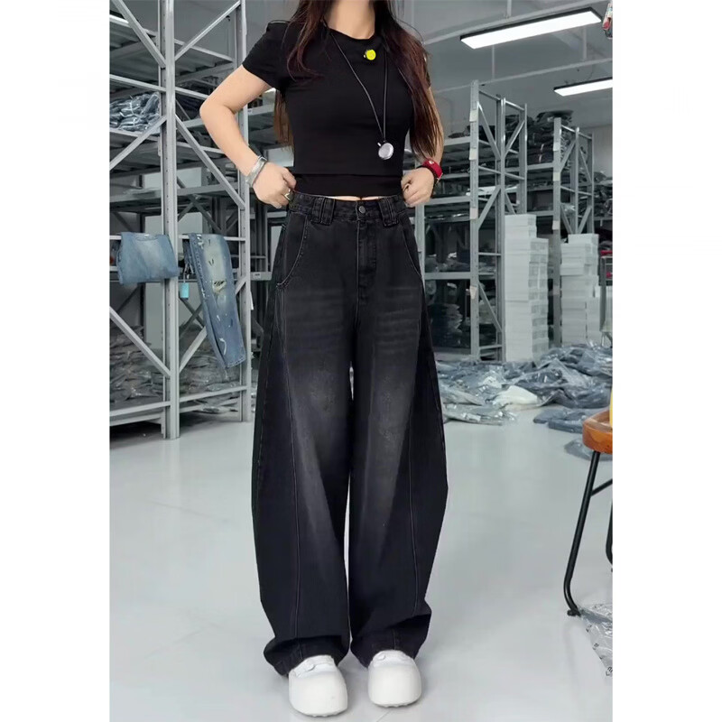 MODX弯刀牛仔裤女2025夏季薄款大码梨形身材高腰显瘦宽松阔腿拖地裤子 黑色 M 【80-100斤】