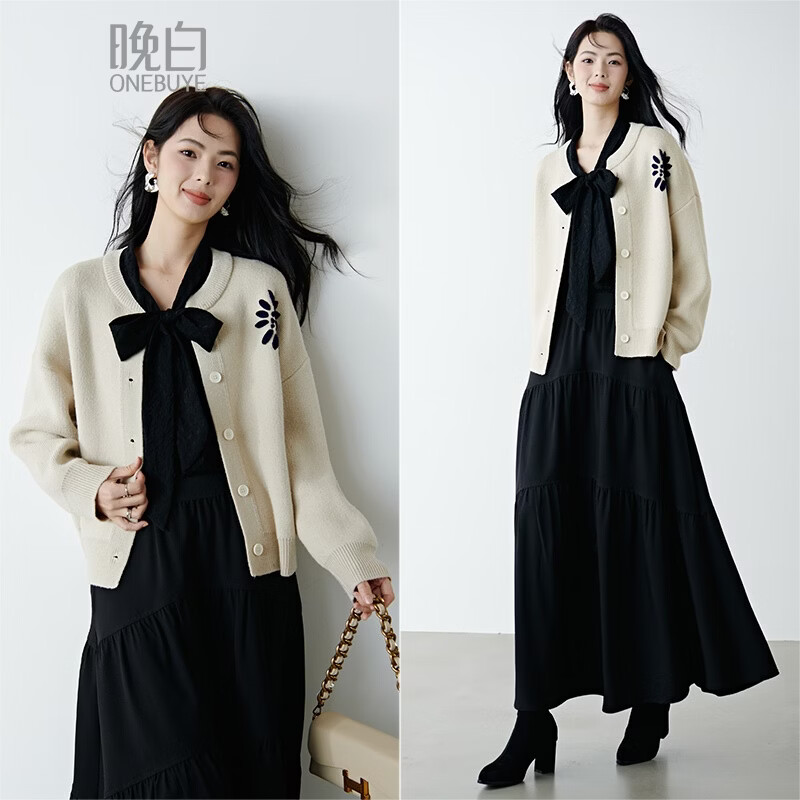 晚白【新品】2026春款时尚刺绣宽松圆领毛衣柔软宽松大码针织开衫女 杏色 S