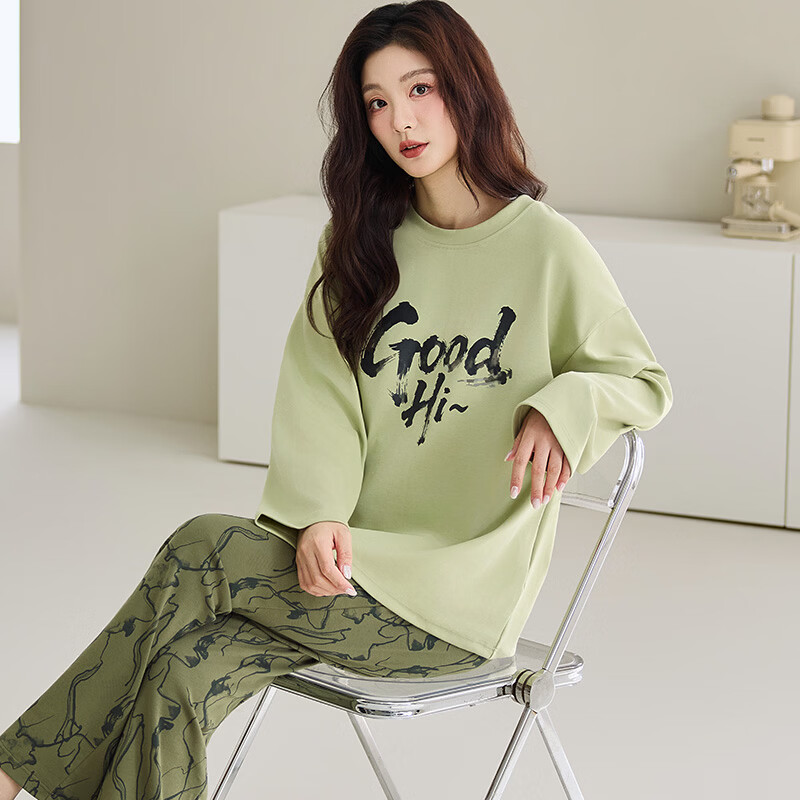 都市丽人纯棉女士睡衣女2026年新款圆领长袖长裤家居服套装可外穿 100%纯棉女士家居服-抹茶绿 M （建议80-100斤）