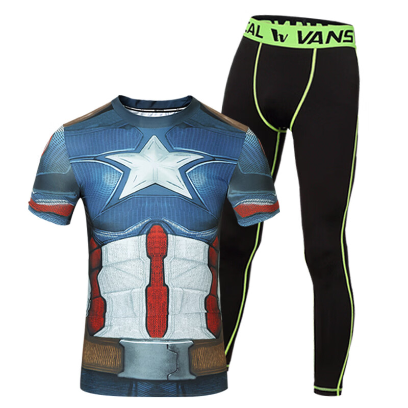 虎迹漫威美国队长紧身衣pro男锻炼健身服训练服速干跑步弹力 蓝红白（短袖） 2XL 建议185斤左右
