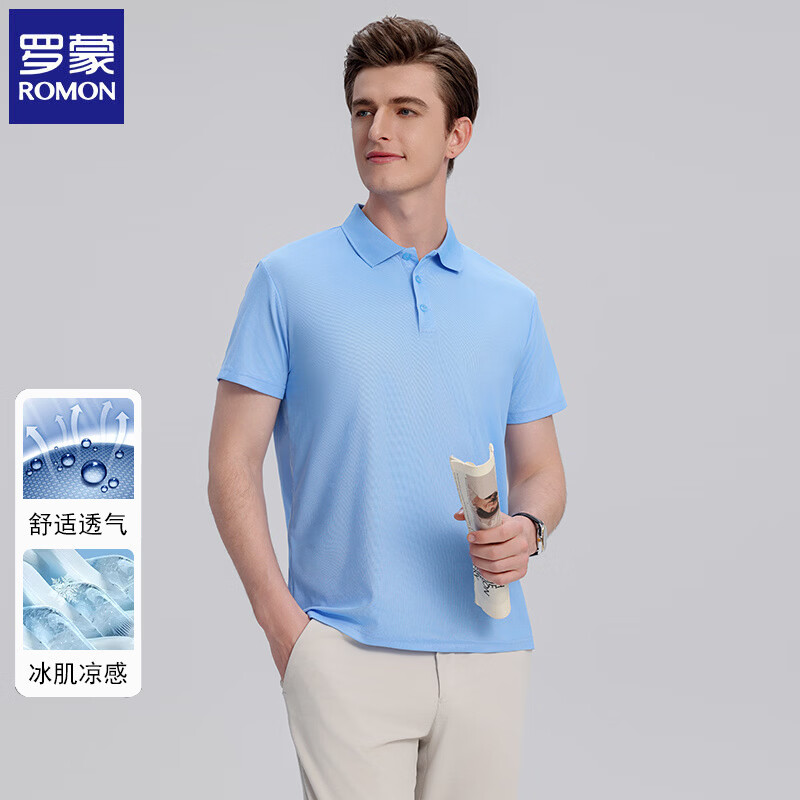 罗蒙（ROMON）男士冰丝短袖T恤2026夏季薄款透气凉感翻领t恤打底衫男装上衣 黑色 M (建议体重90-110斤)