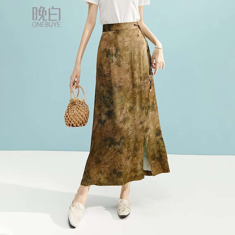 晚白【断码清仓】2026年春款时尚气质半裙休闲高腰印花直筒半身裙 棕色 S