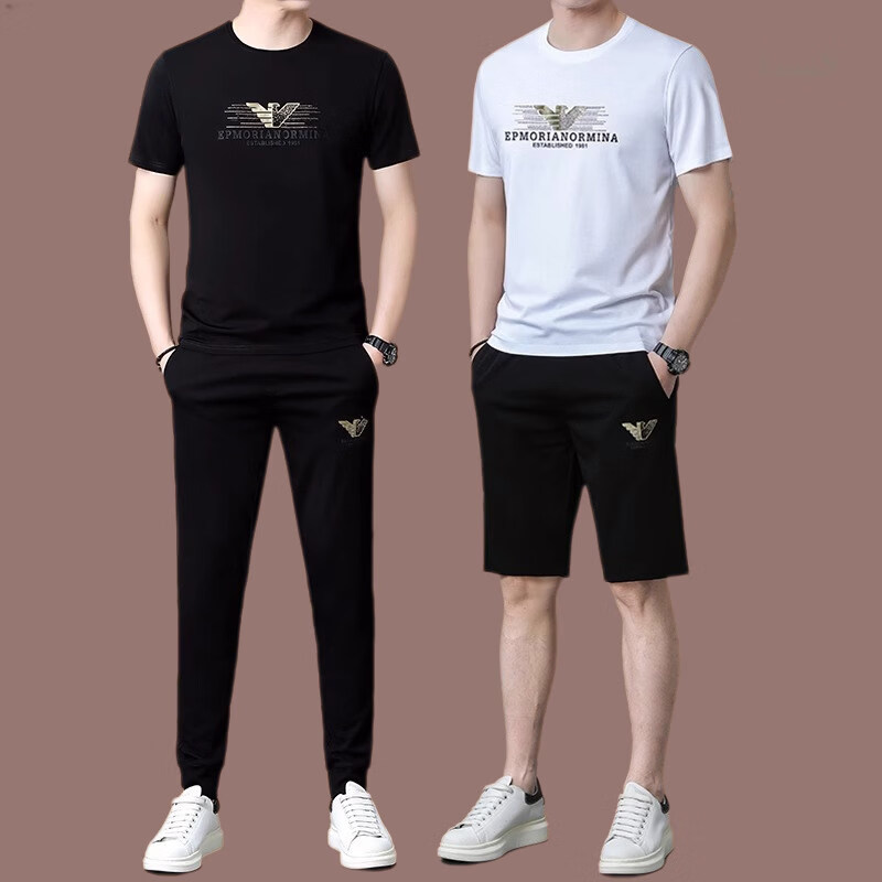 阿玛尼（ARMANI）意大利正品名牌2026夏季新款男士休闲运动套装短袖t恤桑蚕丝薄款 国际一线品牌19606黑色三件套 3XL 190码建议(190-215斤穿)