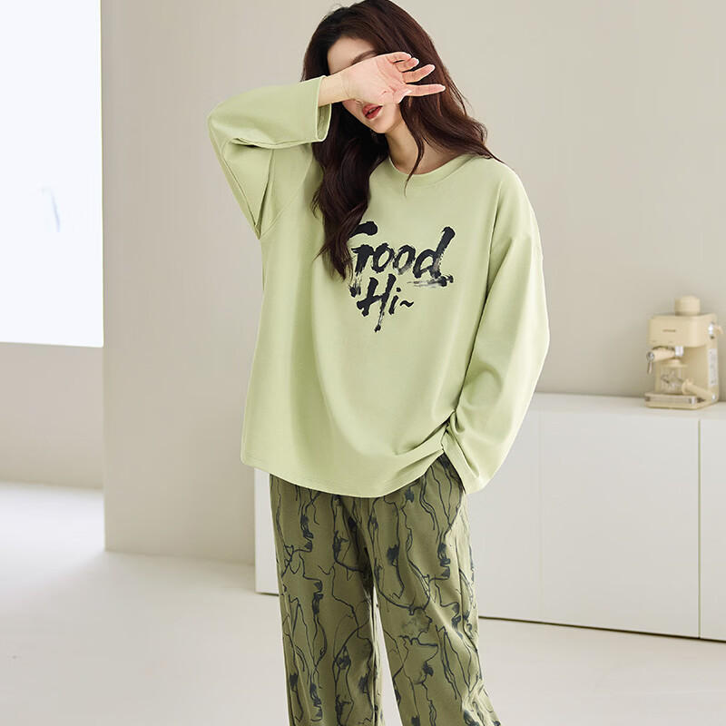 都市丽人纯棉女士睡衣女2026年新款圆领长袖长裤家居服套装可外穿 100%纯棉女士家居服-抹茶绿 M （建议80-100斤）