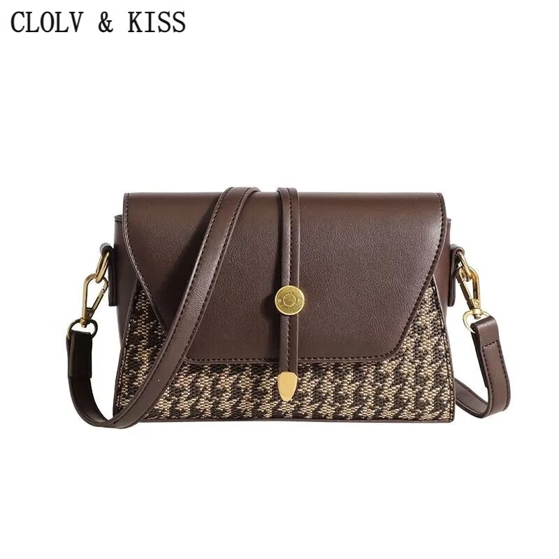 clolv kiss包包女2024新款复古时尚单肩包感气质通勤百搭斜挎小包包 咖色