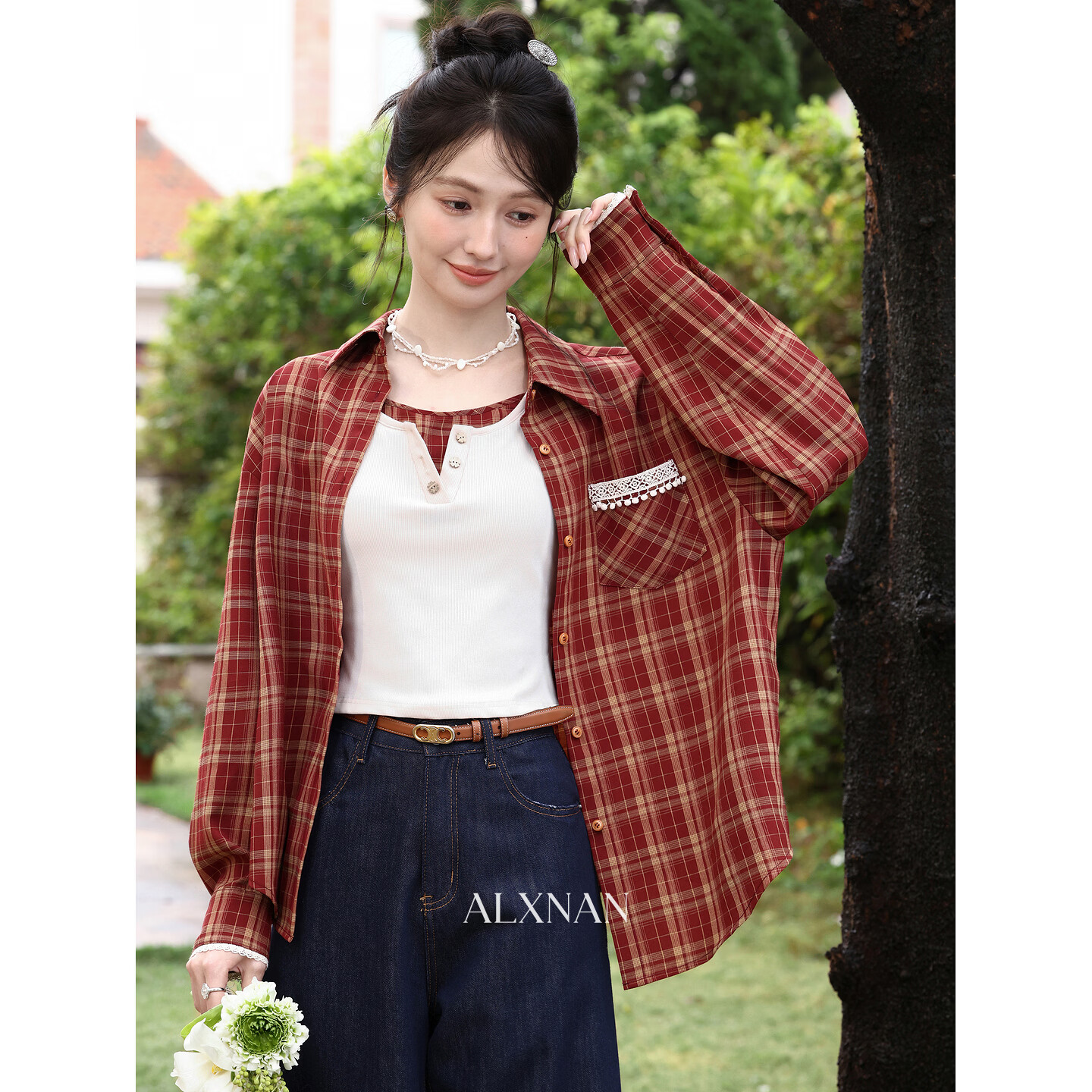 鹿向南复古红色格纹休闲衬衫女春季高级宽松长袖上衣 红色 衬衫 M