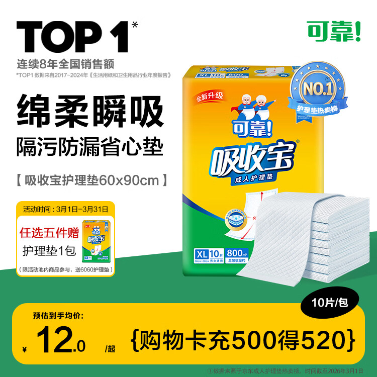 可靠（COCO）吸收宝成人护理垫XL10片(60*90cm)舒适防漏老年人隔尿垫产褥床垫