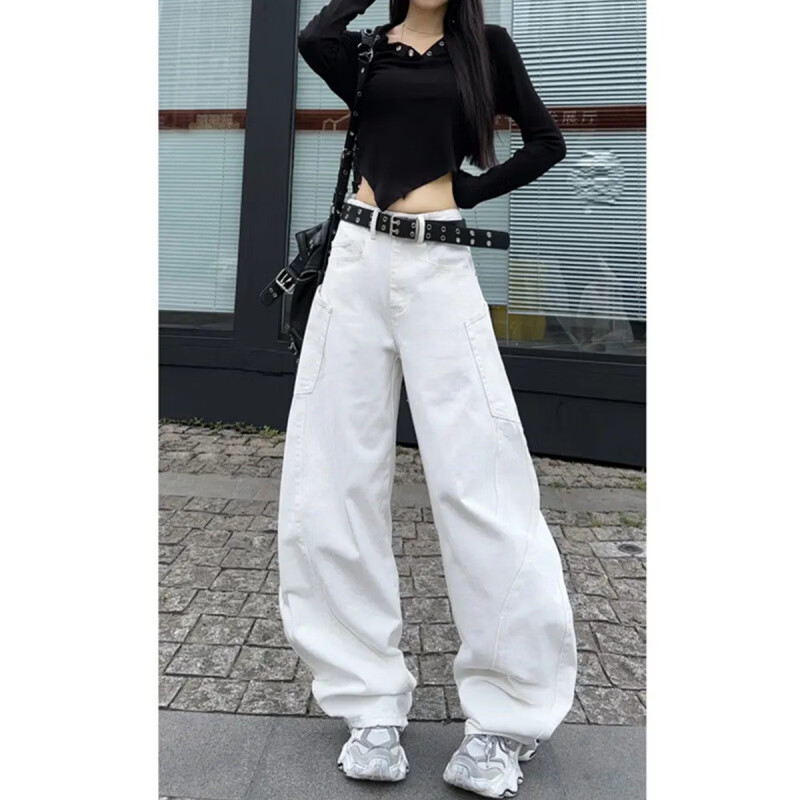 MODX高街潮酷个性拼接洗水牛仔裤女秋百搭遮肉宽松显瘦弯刀休闲阔腿裤 白色 S 【建议80-100斤】