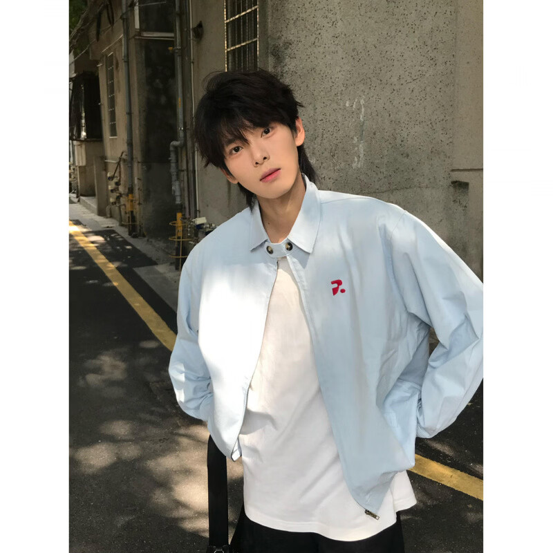 DEREJERINEcleanfit浅蓝色哈灵顿夹克男款春秋痞帅翻领棒球服少年感美式外套 蓝色 S