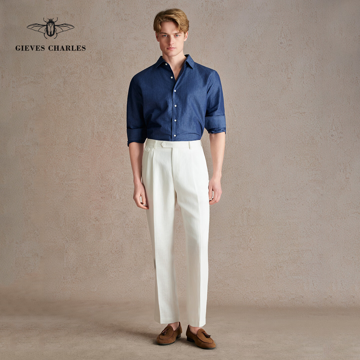 GIEVES CHARLES【26春新品】意式设计感纯棉牛仔衬衫高端商务一片领长袖休闲衬衫 午夜丹宁 42