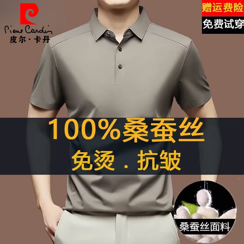 皮尔卡丹100%桑蚕丝短袖t恤男夏季薄款高档翻领纯色休闲冰 丝无痕polo衫男 雅米灰-【100%桑蚕丝】 4XL 码【200-220斤】