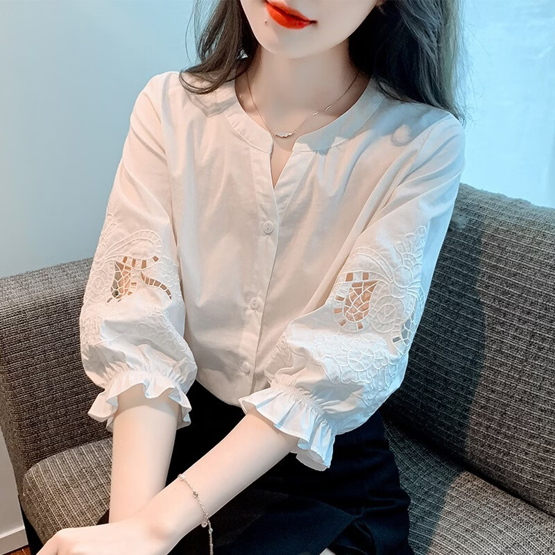 【时尚品质】2026新款小个子五分袖白衬衫女刺绣镂空泡泡袖衬衣 白色 XL 建议116-125斤