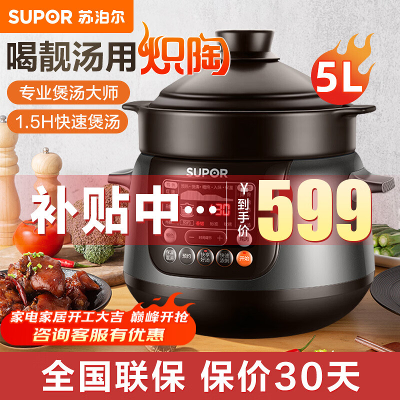 苏泊尔（SUPOR）电炖锅电砂锅电炖盅煲汤锅家用耐高温中华炽陶内胆炖肉锅煲粥炖汤养生煮粥锅熬粥养生锅5L4L大容量 5L 炽陶+精控快炖