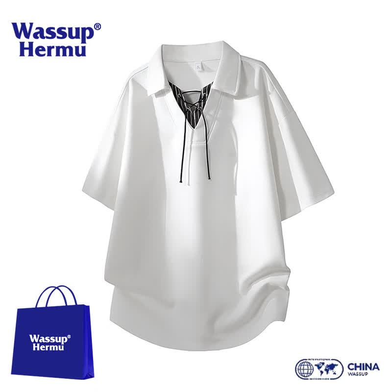 WASSUP HERMU官方短袖套装男夏季松弛慵懒风T恤拼接系带V领假两件装休闲POLO衫 白色上衣 XL （推荐120-140斤）