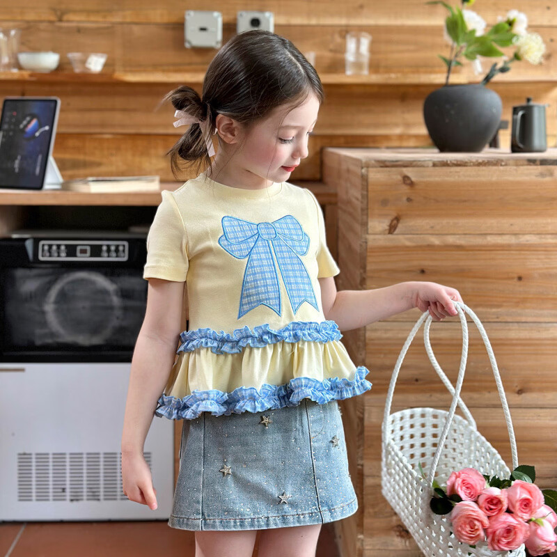 栀了成长记童装女童蝴蝶结撞色上衣2026春季儿童甜美可爱短袖T恤 黄色 上衣 160 cm