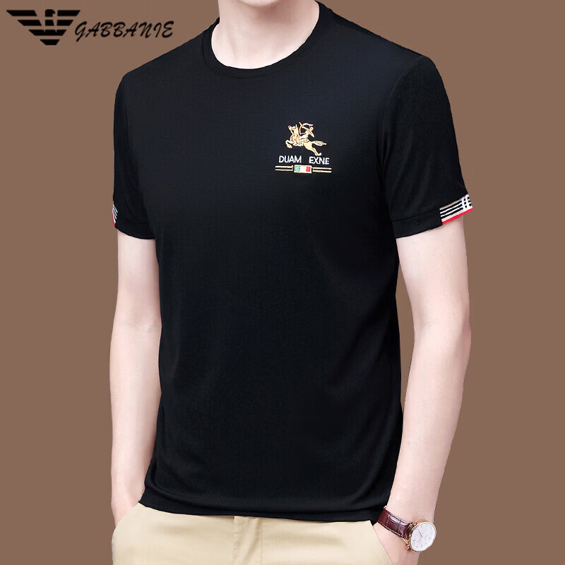 阿玛尼名牌桑蚕丝短袖t恤男士夏季高端圆领刺绣上衣冰 丝半袖体恤 黑色 M 165【建议95-120斤】