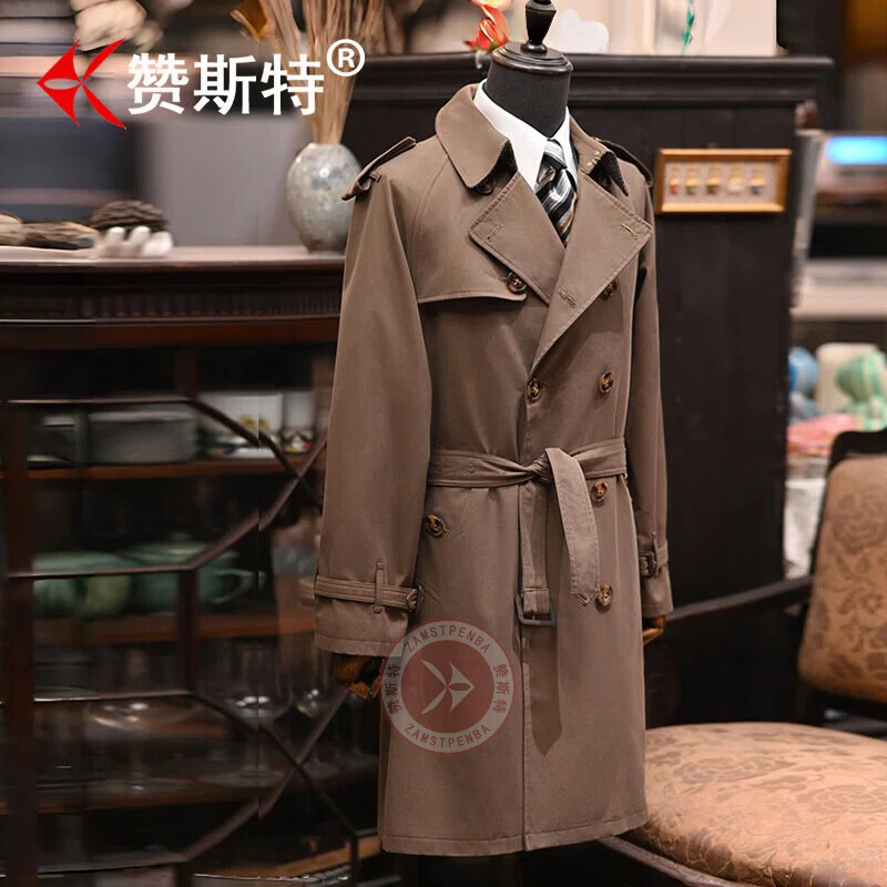 赞斯特品牌春秋季男士trench coat加长款战壕风衣商务休闲大衣 深卡其【长款】 5XL