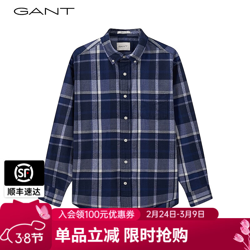 GANT【亚洲版型】甘特春季新款法兰绒格纹翻领舒适百搭复古男衬衫 410海军蓝 L