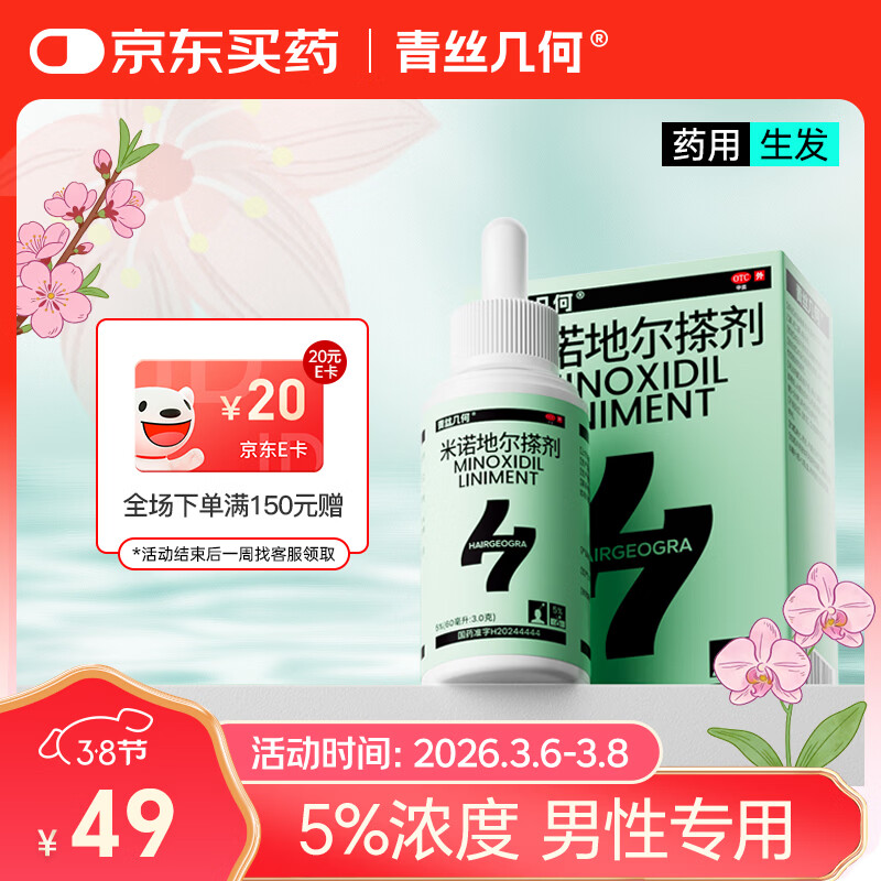 青丝几何部分效期至26年8月 米诺地尔搽剂5%60ml/瓶脱发生发液男女防脱生发育发发际线增长液洗发水脱发斑秃
