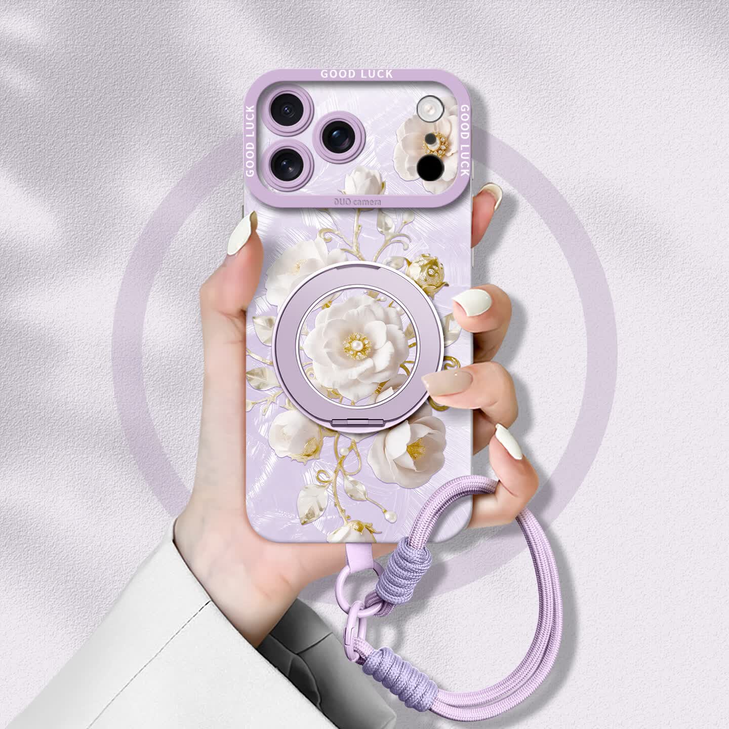 FGMPZ适用苹果17pro防摔手机壳iPhone17promax大视窗air新款16pro保护套14旋转支架16手绳苹果15pro硅胶 【草紫色】轻奢浮雕花艺旋转支架壳+短绳 iPhone17