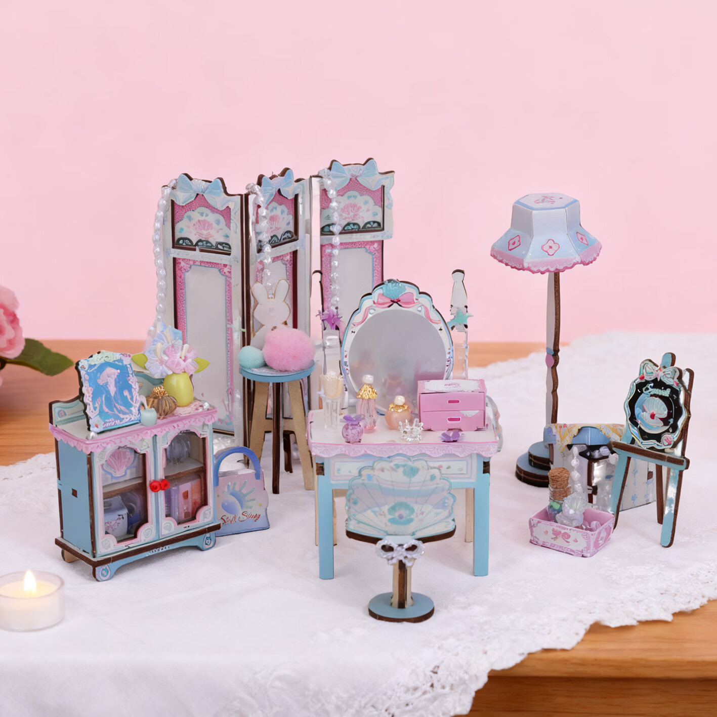 艺馨动漫文创 全套木制微缩场景娃屋精致摆件迷你家具组合手工DIY艺馨筑梦 ZH-7梳妆一角（4盒） 京东折扣/优惠券