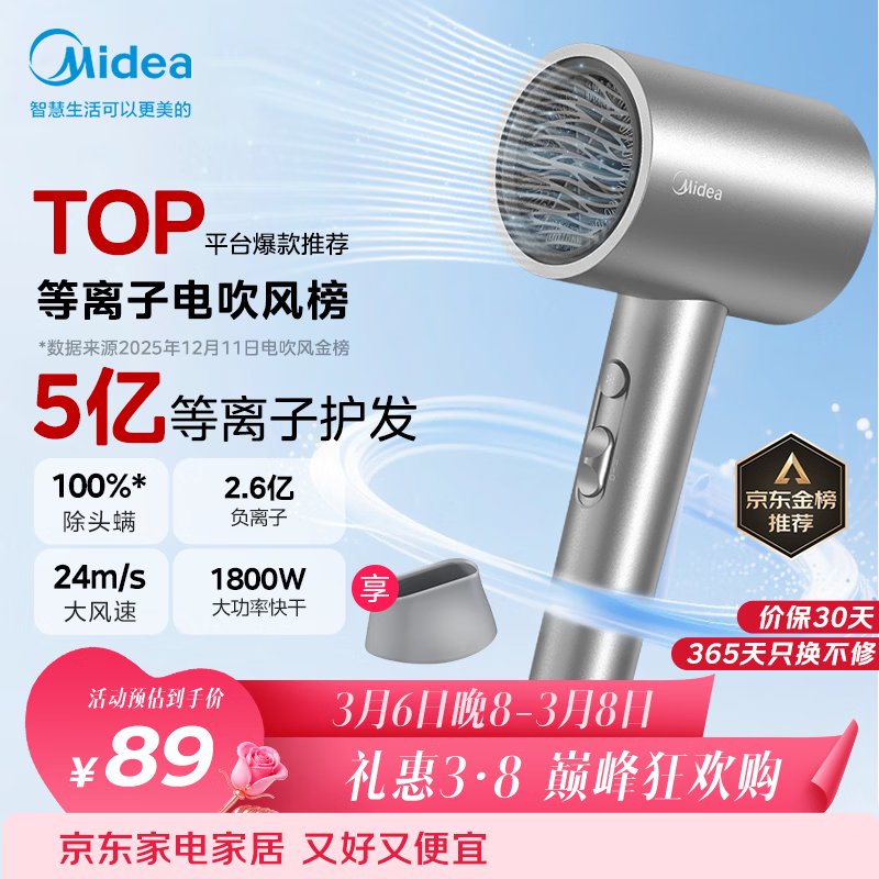 美的（Midea）5亿等离子护发电吹风 家用负离子护发吹风筒 1800W大功率快干便携吹风机 FJ308银 三八节女神礼物