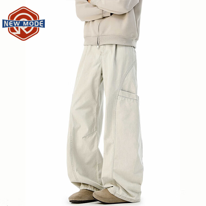 NEW OR MODE美式大口袋工装裤子男春夏季复古纯棉阔腿长裤潮牌宽松运动休闲裤 杏色【高品质】 M 【建议90-110斤】