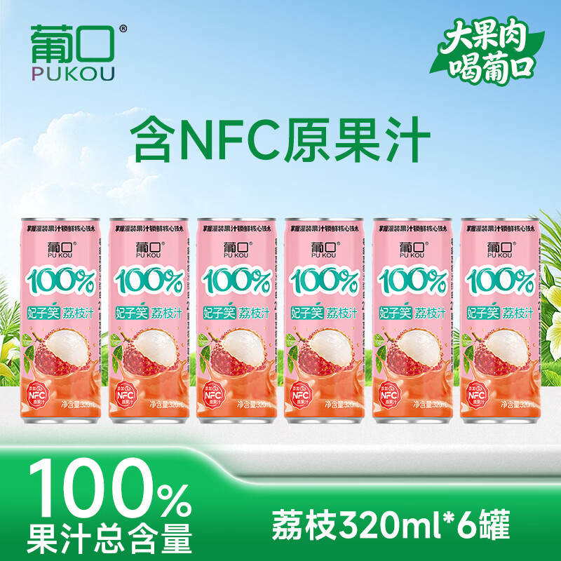 葡口（pukou）果汁果肉饮料清甜解腻饮料健康饮品干净0添加防腐剂 【荔枝味】320ml*6罐 日期新鲜破损包赔